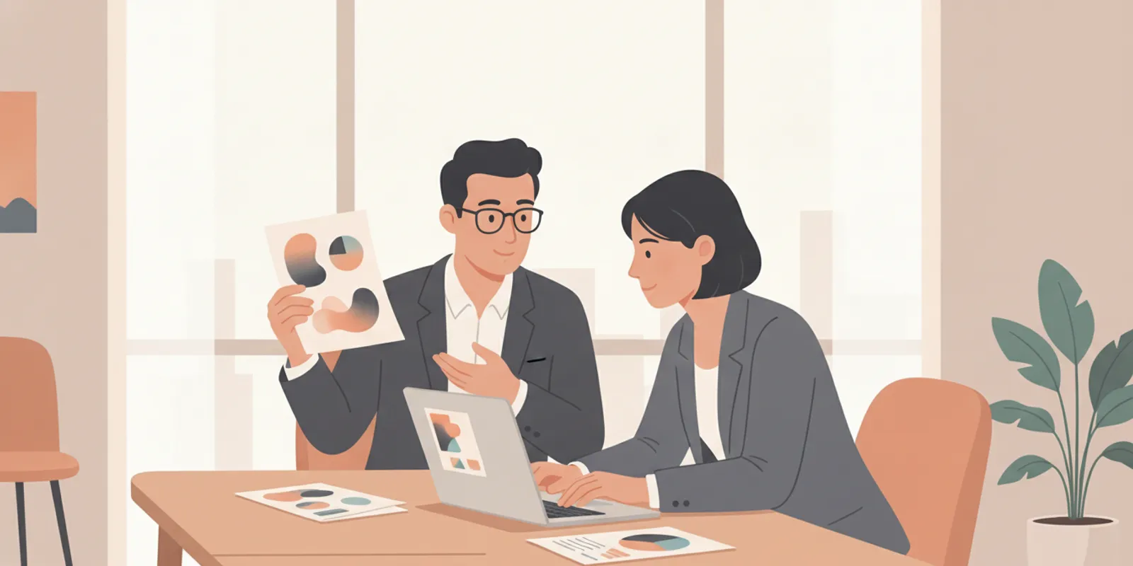 B2B marketing and finance leaders reviewing survey findings and an investor presentation in a modern conference room