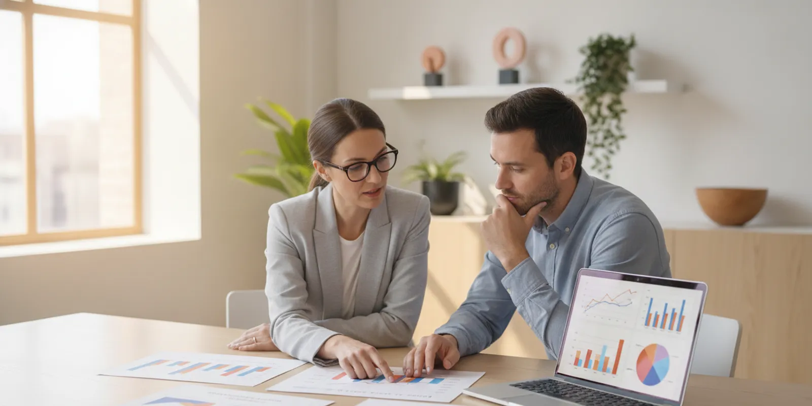 Marketing leaders reviewing survey findings and brand awareness charts in a meeting