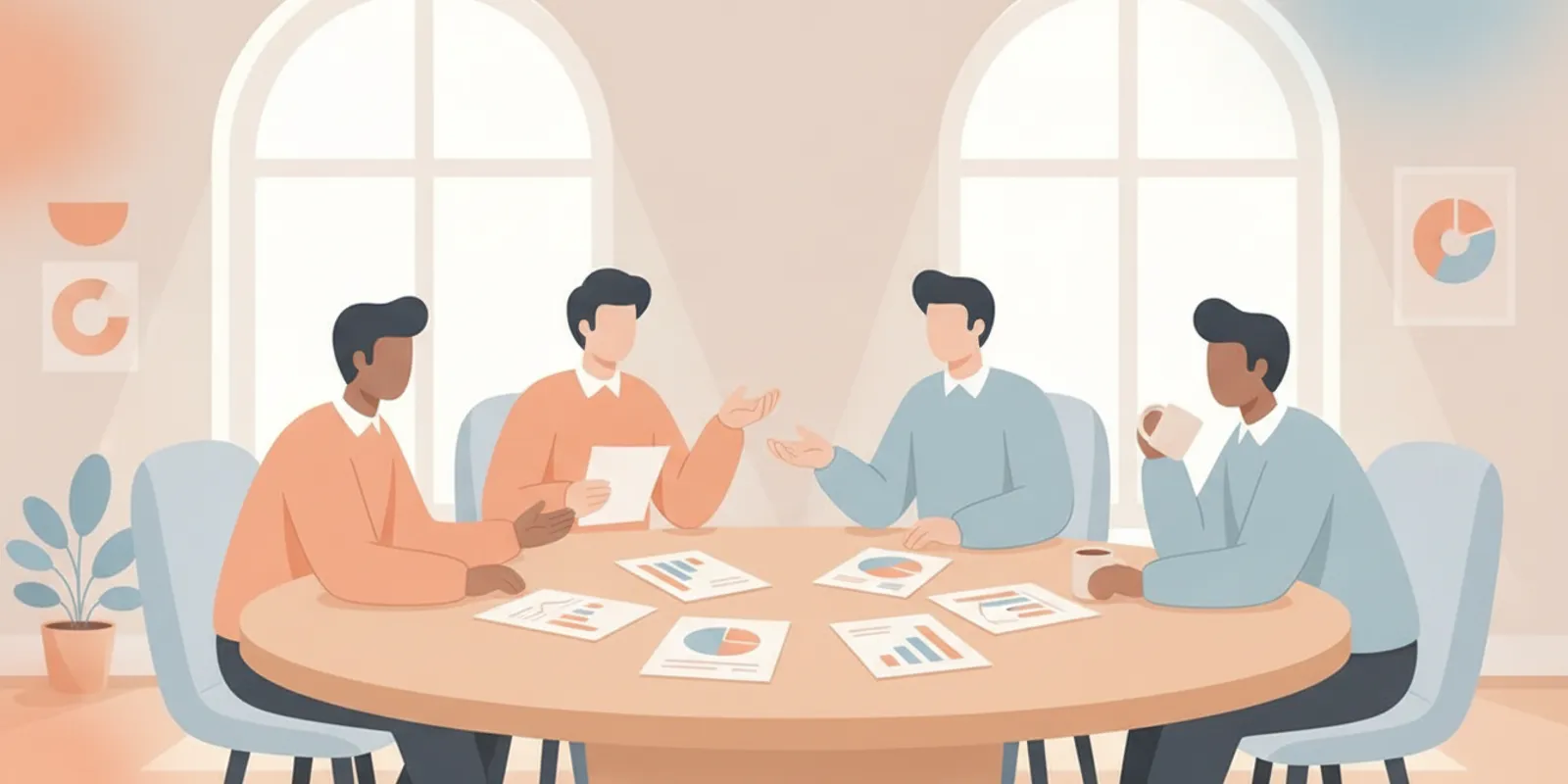 Marketing leaders review survey findings and competitor perception charts in a bright conference room.
