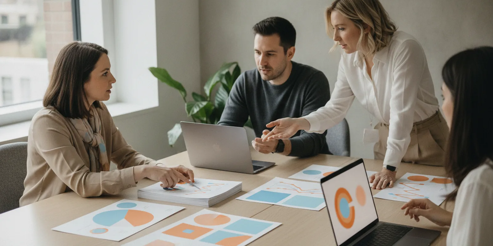 B2B marketing team reviewing survey findings and planning a thought leadership report