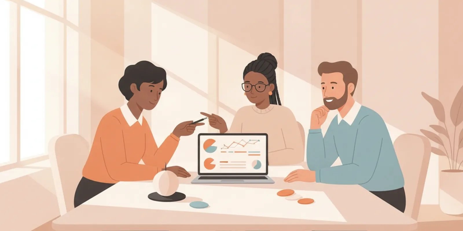 Marketing leaders reviewing a survey report timeline at a laptop