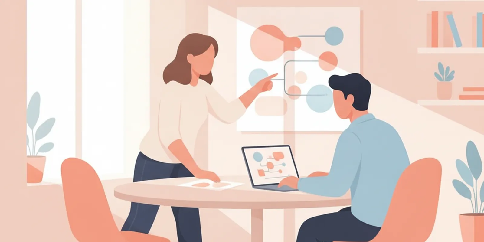 Marketing leaders reviewing a chart of brand awareness survey findings in a bright conference room