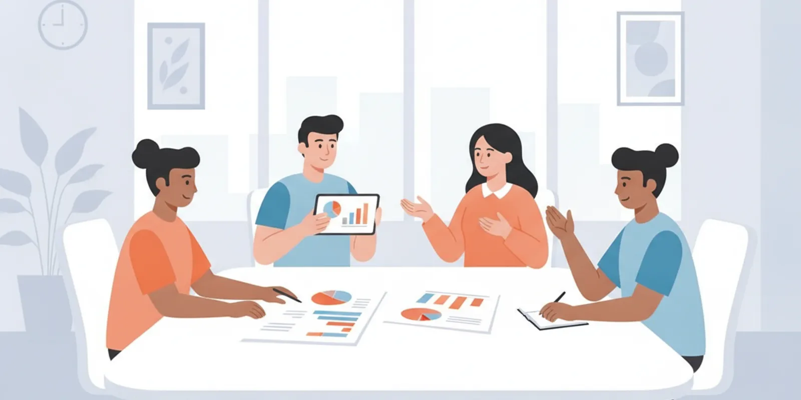 Marketing team reviewing survey report performance charts during a planning meeting