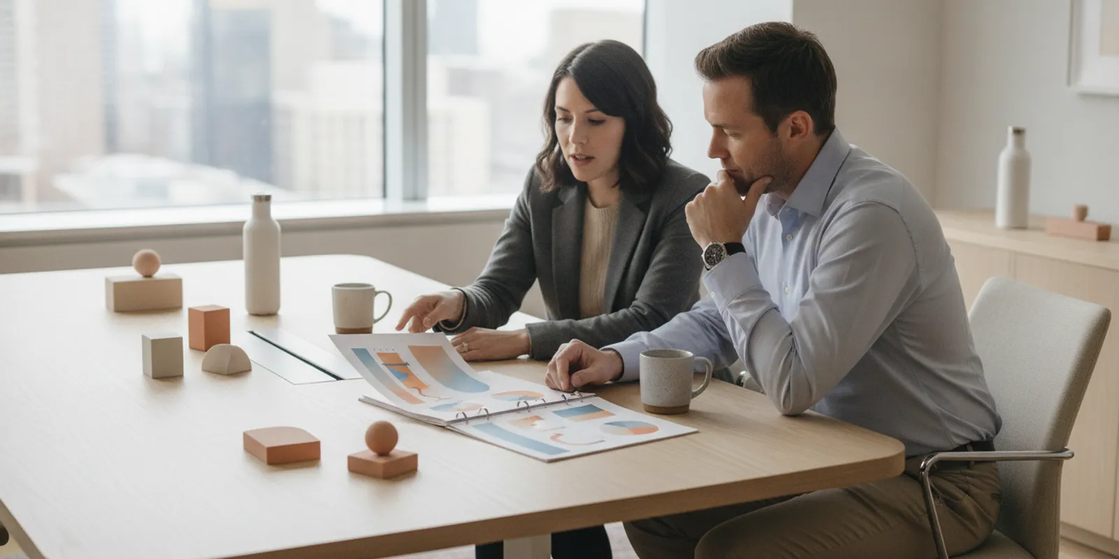 Marketing leaders reviewing a brand awareness survey report and data visualizations at a conference table