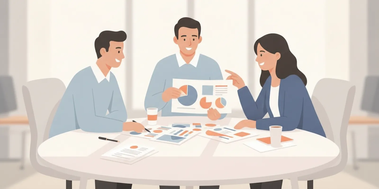 Marketing leaders review launch research charts around a conference table